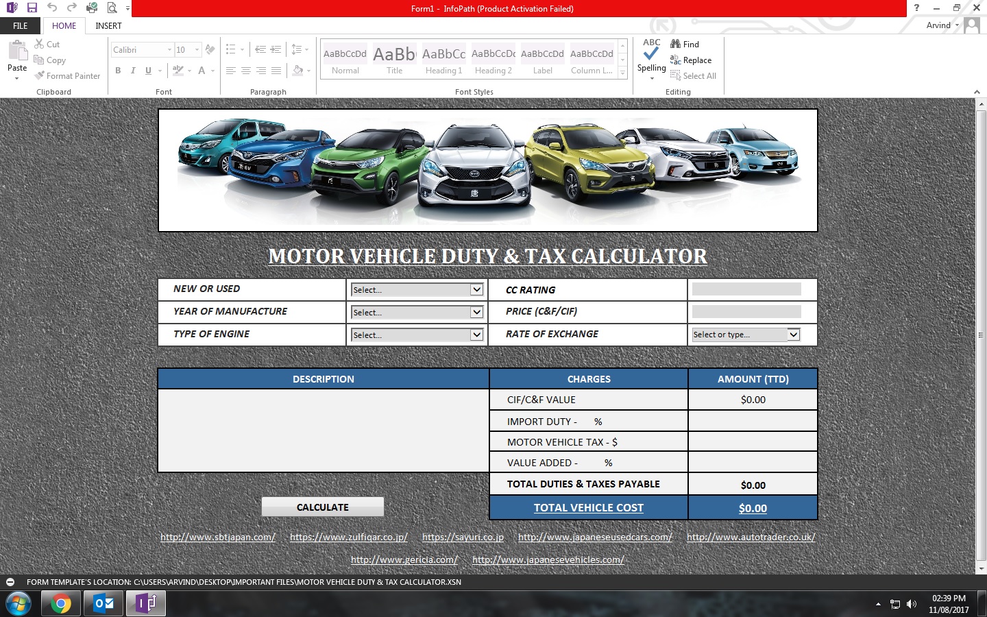 Motor Vehicle Duty & Tax Calculator (Infopath Form)